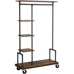 Garderobenständer auf Rollen, bis 90 kg belastbar, mit 5 Ablagen, Wasserrohr-Optik, Holzoptik, Vintage, dunkelbraun, schwarze Metallrohren