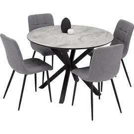 Homestyle4u Essgruppe mit 4 Stühlen 5 tlg Esstisch rund 110 cm Set Sitzgruppe Küchentisch Esszimmer Esszimmergruppe - Grau
