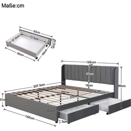 SOFTWEARY Polsterbett, Doppelbett mit Lattenrost und 2 Schubladen, gepolsterter Kopfteil mit seitlichen Ohren, Bezug aus Samt Grau