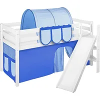 Spielbett JELLE 90 x 200 cm Blau - Hochbett LILOKIDS - Weiß - mit schräger Rutsche und Vorhang - Weiß/Blau