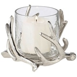 EDZARD Windlicht Kingston im Hirschgeweih Design, Silber, Aluminium vernickelt, mit Glas, Höhe 13 cm, Durchmesser 15 cm