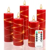 LED-Kerzen mit Timerfunktion und Lichterketten - 5 Set mit echten Kerzenhüllen und realistischem Flammeneffekt inklusive Fernbedienung , Festliche Wohnkultur, Weihnachts- und Adventsdekoration (Rot)