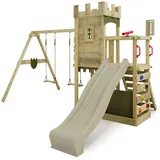 FATMOOSE Spielturm Ritterburg BoldBaron mit Schaukel & Sandkasten, 10-jährige Garantie, Integrierter Sandkasten – Salbeigrün - FATMOOSE