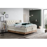 Belanoti Boxspringbett EON (Boxspringbett 180x200 elektrisch verstellbar Bett 180x200 mit Motor, 7-Zonen Taschenfederkern Matratze inklusive Visco Topper), in der Farbe Beige H2/H3 Polsterbett Motorbett mit Eiche beige|weiß