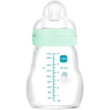 MAM Glasflasche, für Neugeborene, 0-2 Monate, 170 ml, mit 1 Sauger 1 mit langsamem Fluss aus Silikon, leicht anzunehmen, leicht zu reinigen, Feel Good, Blau, 1 Stück