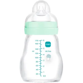 MAM Glasflasche, für Neugeborene, 0-2 Monate, 170 ml, mit 1 Sauger 1 mit langsamem Fluss aus Silikon, leicht anzunehmen, leicht zu reinigen, Feel Good, Blau, 1 Stück
