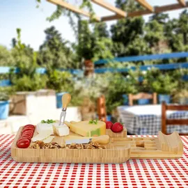 Relaxdays Käsebrett mit Käsemesser Set, HBT: 4 x 33 x 33 cm, Bambus Käseplatte mit Schublade, 4-tlg. Käsebesteck, Natur