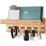 HAUSIST Schlüsselbrett Holz mit Ablage, schlüsselkasten Holz,Schlüsselhalter mit Edelstahlhaken,Schlüsselablage Wand, Schlüsselboard aus Buche,Schlüsselhaken Key Holder Modern