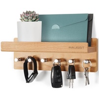 HAUSIST Schlüsselbrett Holz mit Ablage, schlüsselkasten Holz,Schlüsselhalter mit Edelstahlhaken,Schlüsselablage Wand, Schlüsselboard aus Buche,Schlüsselhaken Key Holder Modern