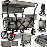 TRESKO Bollerwagen faltbar mit Dach, Kühltasche & Seitenrollos | Handwagen mit 3-Punkt Gurtsystem | Gartenwagen klappbar | Transportwagen mit Vollgummi-Reifen + Bremse + Tragetasche (Grau)