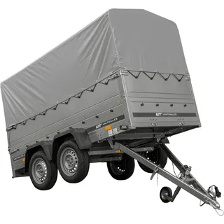 2-Achs Pkw-Anhänger UNITRAILER GARDEN TRAILER 264/2 KIPP mit Stützrad, Bordwandaufsatz, H-800 Rahmen und grauer Plane