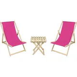 2 x Liegestuhl + Beistelltisch Strandliege Holz Sonnenliege Gartenliege Gartentisch Rosa - Rosa