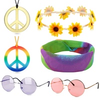 BETESSIN Hippie Kostüm Set 6 Stück Hippie Kostüm Accessoires Vintage inkl. 2 x Hippie Brillen, 2 x Peace Ketten, 1 x Sonnenblumen Haarband und 1 x Hippie Stirnband für 60er 70er Jahre Outfit Damen