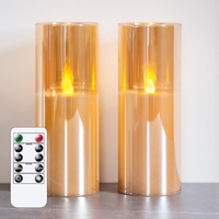 Mavandes 7.5x20cm Gold Glas Flammenlose LED-Kerzen, Batteriebetriebene flackernde Echtwachs-Stumpenkerzen mit Fernbedienung und Timer-Funktion, 2er-Pack