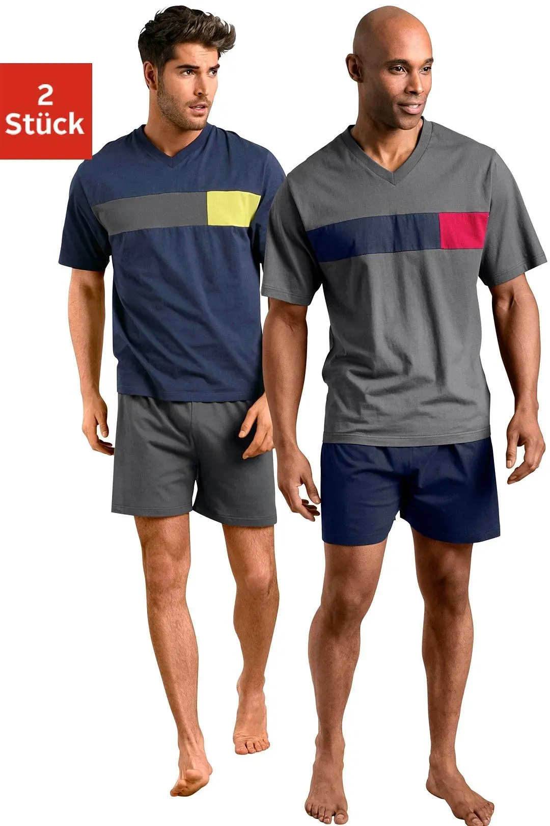 Pyjama LE JOGGER, Herren, Gr. 44/46, blau (marine, grau), Single Jersey, Obermaterial: 100% Baumwolle, unifarben, Basic, bequem kurz, V-Ausschnitt, abgesteppte Kante, Homewear-Sets Pyjama, mit Colourblock-Einsätzen