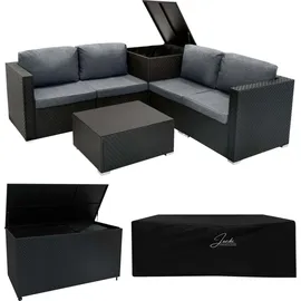 MONSTER SHOP Rattan Gartenmöbel 6-teiliges Set Schwarz Sofa Tisch mit 2 Aufbewahrungsboxen