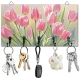 DELORIGIN Schlüsselhalter Mit Tulpenblumen Wandmontage Schlüsselbrett Aus Holz Mit 5 Haken Schlüsselaufbewahrung Organizer Für Wanddekoration Tür Eingangsbereich Küche Neues Zuhause Geschenk