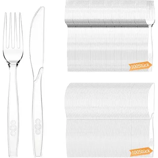 Plastikbesteck, 200 Stück Plastikbesteck Set, 100 Plastikmesser 100 Plastikgabeln party Besteck Wiederverwendbar für Familie Partys Geburtstagsfeiern Hochzeiten Transparent