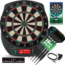 KESSER® Elektronische Dartscheibe Profi Set - E Dartboard mit 15 Dartpfeile + 35 Pro Flights 100 Pfeilspitzen + Zubehör Dart für 1 bis 8 Spieler Innovativer elektronisch Dartautomat mit 65 Varianten