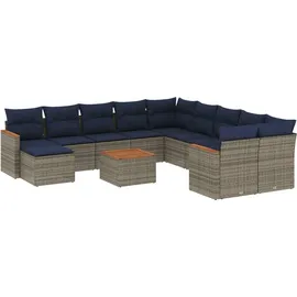 vidaXL 12-teiliges Gartensofa-Set mit Kissen, grau, Polyrattan - Grau