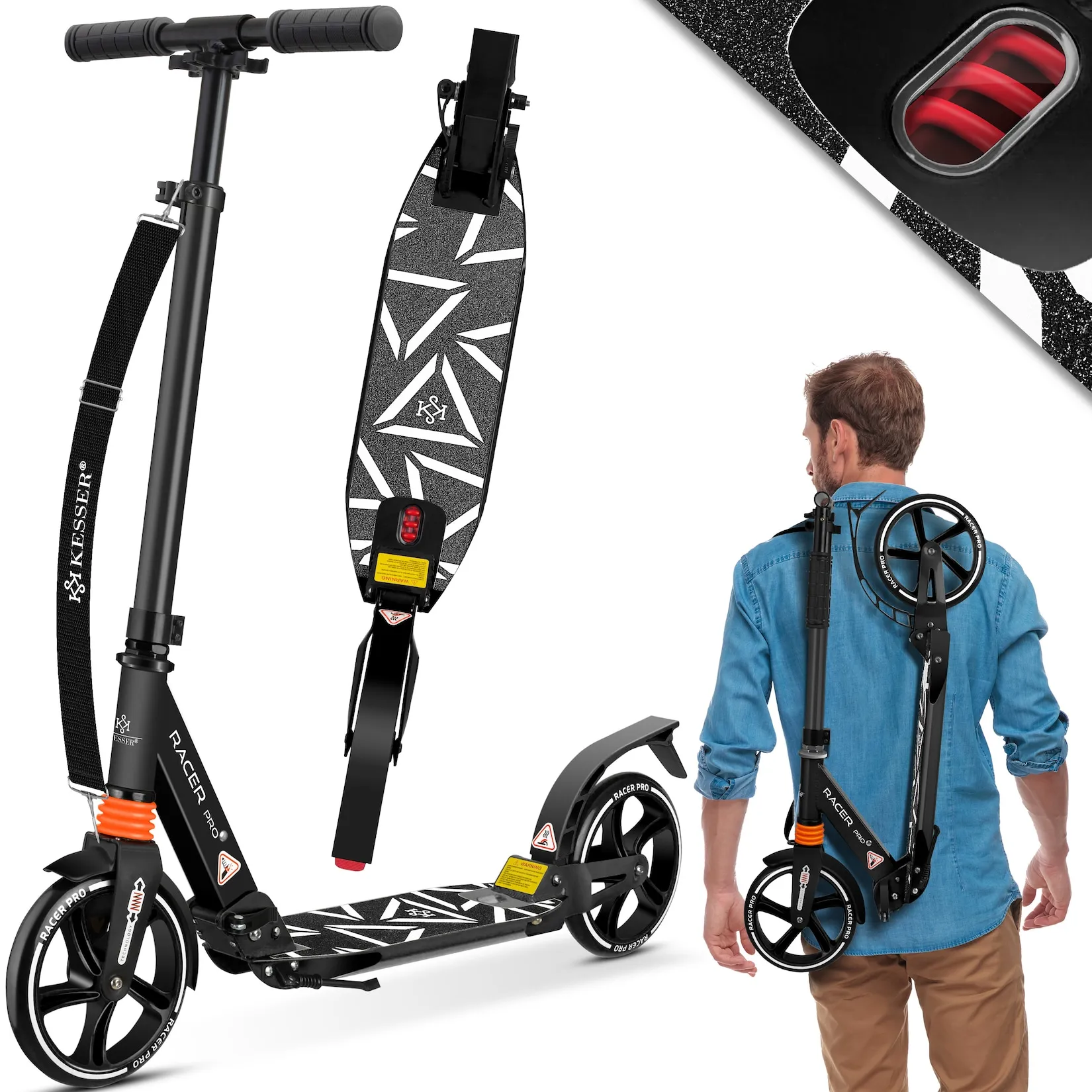 KESSER® Cityroller Scooter 205mm Räder PU Big Wheel - Pro-S Tretroller mit Doppel Federung, City-Roller Scooter klappbar und Höhenverstellbar, Roller Kickscooter für Erwachsene und Kinder