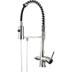 KLARWERK Bernd | 3 Wege Gastronomie Silber gebürstet Filtermatur | Feder Edelstahl Osmose Wasserhahn Küche | Restaurant Mischbatterie 360° drehbar 2 Anschlüsse