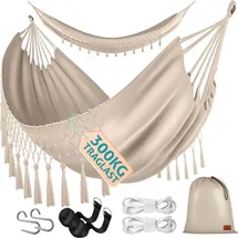 Kesser Hängematte 300kg Belastbar 320x150cm Max. Belastbarkeit 300 Kg 1-2 Personen Atmungsaktiv Fransen Wetterfest Camping Garten Tuchhängematte Beige - Kesser