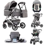 Lnhcrbs Kinderwagen 3 in 1,Reise Stroller ist Schnell mit Einem Klick Zusammenklappen,Hochformatiger Kinderwagen Set mit Vergrößertem Schlafkorb,Pram ist an den Vorderrädern abschließbar
