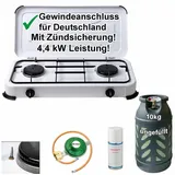 Bluecraft Camping-Gas-Kocher Mobi 2-flammig, weiss mit Zündsicherung, Gasschlauch, Gasreg...