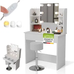 Juskys Schminktisch Zoey & Hocker Tonia, LED-Spiegel & Stauraum, moderne Optik mit Schublade – Weiß