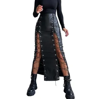 Crepundia Damen Kunstlederrock, Knielanger Stretch-PU-Lederrock for Damen mit Bändern im Rücken, Schnür-Reißverschluss-Bandage-Lederröcken(Black,L)