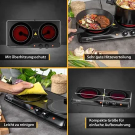 First Austria TZS First Austria - Kochplatte Infrarot 2er Glaskeramik-Herdplatte ALLE Topfarten 2000W - Doppelkochplatte Kochfeld elektrisch für Umzug, Camping ... - Schwarz