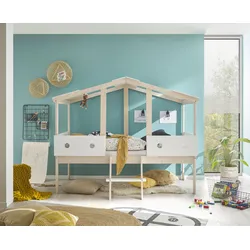 Hausbett BEGABINO "Cortino Bett, Kinderbett mit Leiter auf Stelzen", weiß (weiß, kiefer natur), B:131cm H:165cm L:216cm, Betten, mit Dachgestell und runden Aussparungen in den Bettseiten