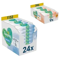 Pampers Feuchttücher-Set Harmonie Protect & Care Calendula, 396 Tücher (9 x 44 Stk) und Harmonie Aqua 1.152 Tücher (24 x 48 Stk)