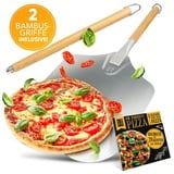 Sidorenko Pizzaschieber aus rostfreiem Aluminium, (Pizzaschaufel mit robustem Gewinde, 4 tlg., inkl. 2 Holzgriffe & Rezeptbuch), Pizzaheber mit abgerundeten Kanten