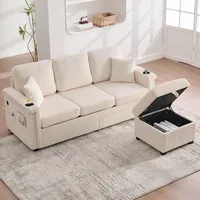 OPODEE Ecksofa L-Form mit LED & USB-Anschluss, Modulares 3-Sitzer Sofa mit Stauraum-Hocker & Getränkehalter, Couch Wohnzimmer aus Premium Stoff, Platzsparendes Schlafsofa Beige, 194x127x81cm