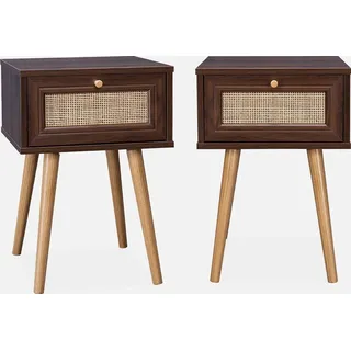sweeek - 2er-Set Nachttische mit Holzlook und Rohrgeflecht Dunkles Holz - Braun
