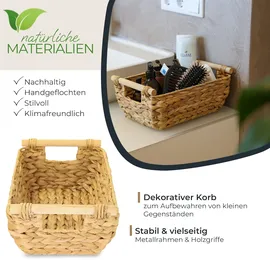 HMF Aufbewahrungskorb Badezimmer geflochten aus Wasserhyazinthe mit Holzgriffen 32 x 22 x 12 cm beige