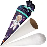 Ferocity Schultüte Kosmonaut mit Namen und Foto für Jungen, personalisierte Foto Tüte, aus Stoff, 70 cm Zuckertüte mit Papprohling, Füllung, große Tüte Kissen [149]