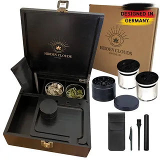 HIDDEN CLOUDS Premium Stash Box I Grinder Box Geschenkset mit Joint Hülle, 2 Aufbewahrungsgläser Luftdicht, Rolling Tray, Extra viel Stauraum und Individuell Anpassbar, Kräuteranbau, Männergeschenk