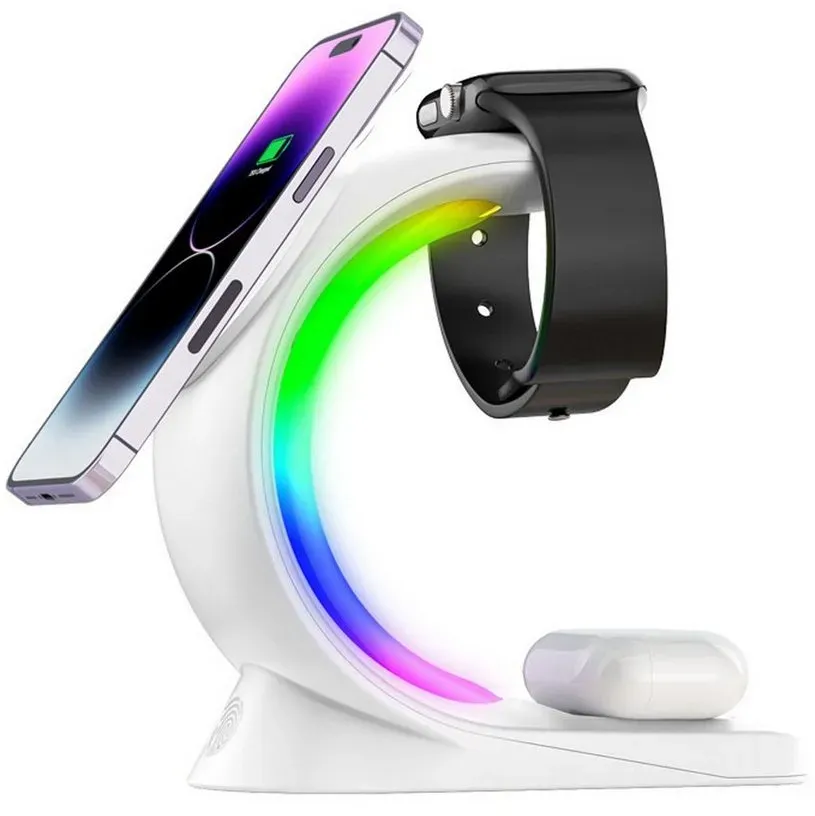 yozhiqu Smartphone-Dockingstation 3-in-1, 15W Schnelles Magnetisches Kabelladegerät Stand, 6-farbiges RGB-Licht, hohe Kompatibilität, rutschfester Ständer
