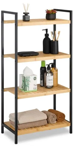 Relaxdays Regal Bambus + Stahl  4 Ablagen Hellbraun,Schwarz