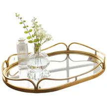 Dekoleidenschaft Spiegeltablett Gold 50x34 cm groß, Tablett mit großer Spiegelfläche, goldenes Metall, Serviertablett oval, Dekotablett,