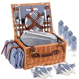 Couleeur Premium Picknickkorb-Set für 4 Personen, Weidenkorb mit Kühlfach, Wasserdichter Decke, Tellern, Gläsern, Besteck, für Camping, Outdoor Party, Strand, Wandern, Blau