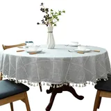 schwere Baumwolle Leinen Tischdecke, rundes, Kariertes Quaste Tischtuch für Küche Esszimmer Tischdekorationen, Durchmesser - 160cm, grau