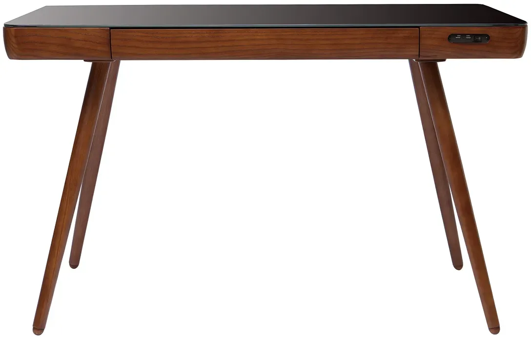 Bureau connecté multimédia avec tiroir en verre noir et bois foncé noyer L120 cm CLEVER