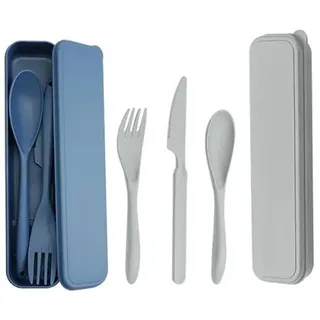 JINGIHE 2 Sets Large Reisebesteck mit Etui, Campingbesteck Set, Wiederverwendbar Outdoor Besteck,Unterwegs Plastik Besteck Messer Löffel Gabel für Lunchbox School Arbeit Picknick(Blau + Grau)