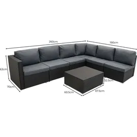 MONSTER SHOP Rattan Modular Gartenmöbel 7-teiliges Sofa-Set in Schwarz mit Kissen, Couchtisch - Schwarz