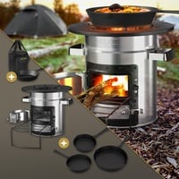 BBQ#BOSS Raketenofen mit Grillpfanne, Tragetasche, Edelstahl, Silber, + 3-tlg. Gusseisen Pfannenset, Campingkocher Holz Brennholzständer&Doppeltür, Camping BBQ Holzofen Outdoor, Dutch Oven Raketenherd