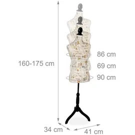 Relaxdays Schneiderpuppe, 36/38, höhenverstellbar 160–175 cm, Holzständer, London-Design, Creme/schwarz